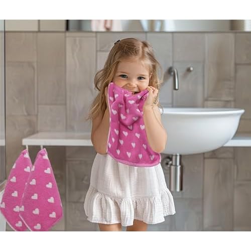 ORIGINAL KIDS Wash Cloth - Bath Time Hearts 12 Pack Washcloth Set - 100% Cotton Jacquard Colorful Absorbent Quick Dry Face Towel - Super Soft Face Cloth 12x12 inches - Pink White