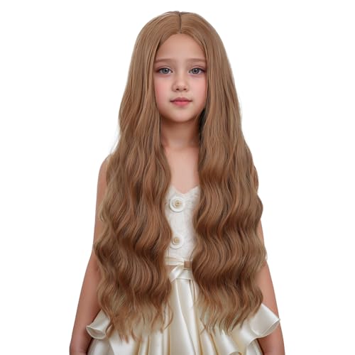 Edivd Girl Dark Orange Wavy Curly Wig Kids Long Synthetic Wigs with Cap