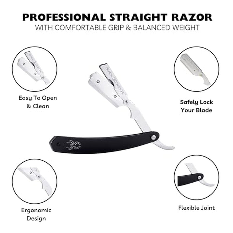 Black Widow Professional Straight Edge Razor Kit with 10 Blades ? Stainless Steel Barber Razor for Men¡¯s Shaving, Classic Barbero Shaver for Smooth, Precise, and Comfortable Shaves