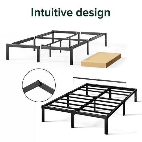 Black 14 Inch Metal Platform Bed Frame for King Size Mattress with Slats & Headboard Compatibility