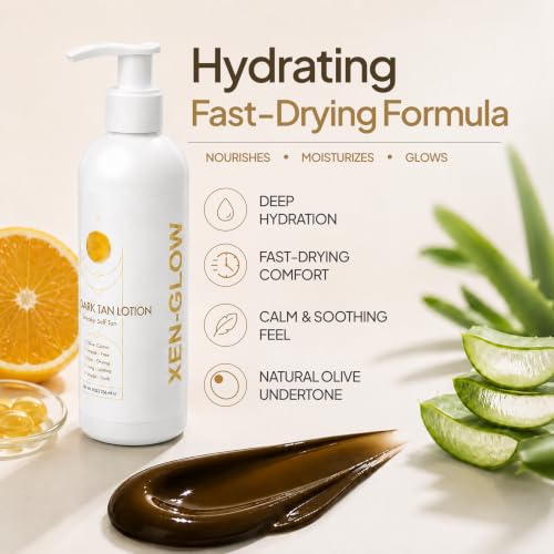 Dark Self Tanning Lotion for Face & Body - Hydrating, Streak-Free Sunless Tanner with Vitamin E & Aloe - Fast-Drying, Long-Lasting, Suitable for Sensitive Skin - 8 fl oz