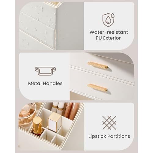 Lolalet PU Leather Makeup Organizer for Vanity Desk, 4-Layer Luxury Make Up Storage Cosmetics Holder Box with Drawers -Cream