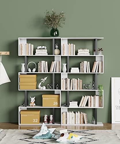 Gadroad 5-Tier S-Shaped Tall Bookshelf - White, 27.56W x 62H, Space-Saving Storage