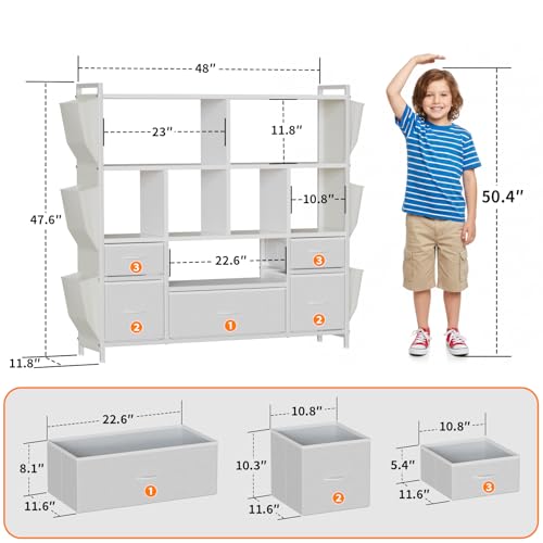 Kids Toy Storage Organizer with Drawers and Side Pockets - White