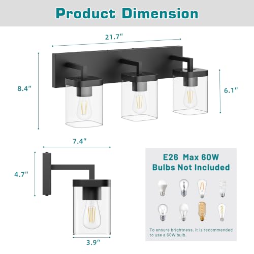 Bathroom Vanity Light Fixture - Black 3-Light Square Design & Large Backplate - Modern Wall Sconce Variation of THIS listing
