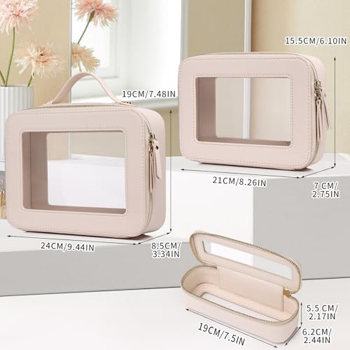 Travel Makeup Set Waterproof Transparent Cosmetic Bag and Toiletry Bag Makeup Brush case with Zipper Car Essentials for Women (Beige, L+M+SLIM)
