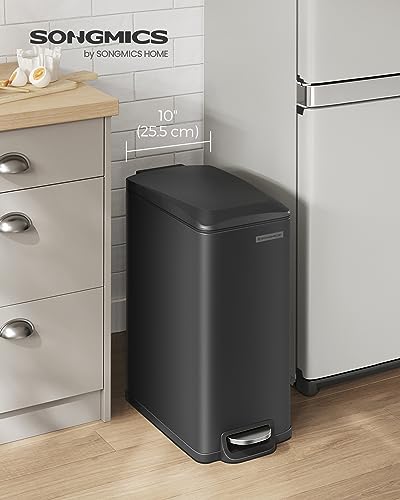 SONGMICS 13-Gallon Slim Kitchen Trash Can with Lid - Black, Stainless Steel