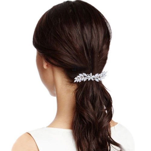 Women’s Wedding Hair Barrettes CZ Marquise Hibiscus Leaf Hair Accessories - Clear Silver-Tone