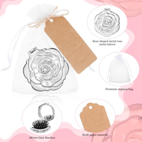 Silver Rose Compact Mirror with Brush Bulk Set - Wedding & Party Favors