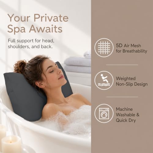 Luxury Bathtub Pillow with Head, Neck & Back Support - Dark Gray, M Size - Comfortable Spa Bath Accessory