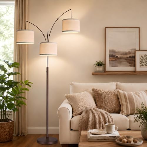 Dimmable Arc Floor Lamp with Beige Linen Shade - 3 Lights Tall Standing Lamp for Living Room Bedroom Office - Brown Beiged Variation