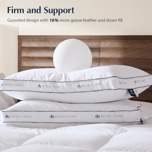 Pacific Coast Goose Feather and Down Firm Bed Pillows Set of 2 - Standard Size with Gusset, Supportive for Side & Back Sleepers
