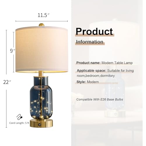 22-Inch Glass Table Lamps Set of 2 with LED Nightlight - Blue - Bedroom Decor