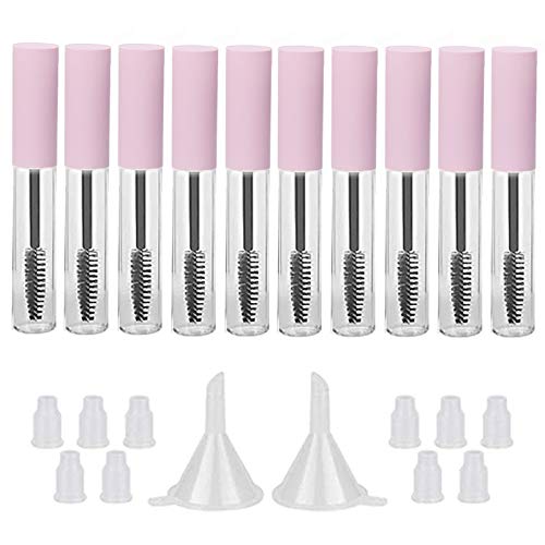 GTHER 10PCS 10ML Empty Mascara Tube Bottle With Eyelash Wand, Rubber Inserts & Funnels Set for Castor Oil/Growth Oil, DIY Cream Container With Cap, Matte Pink