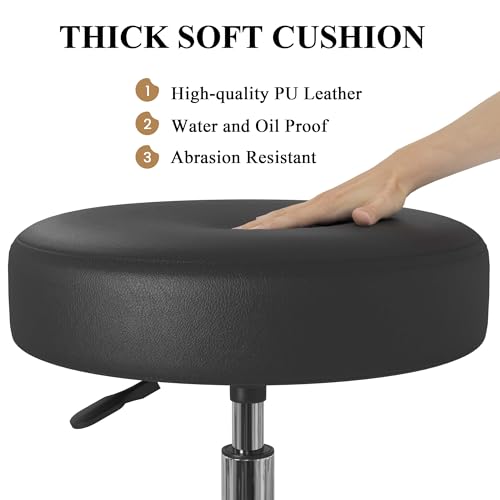 SHA CERLIN Rolling Stool with Wheels Swivel Shop Salon Chair Adjustable Drafting Massage Medical Tattoo Spa with PU Leather Cushioned,Black and Silver