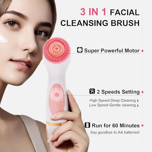 DotPet 3-in-1 Electric Facial Cleansing Brush - Pink, Waterproof Rechargeable Skin Care Device for Sensitive & Oily Skin