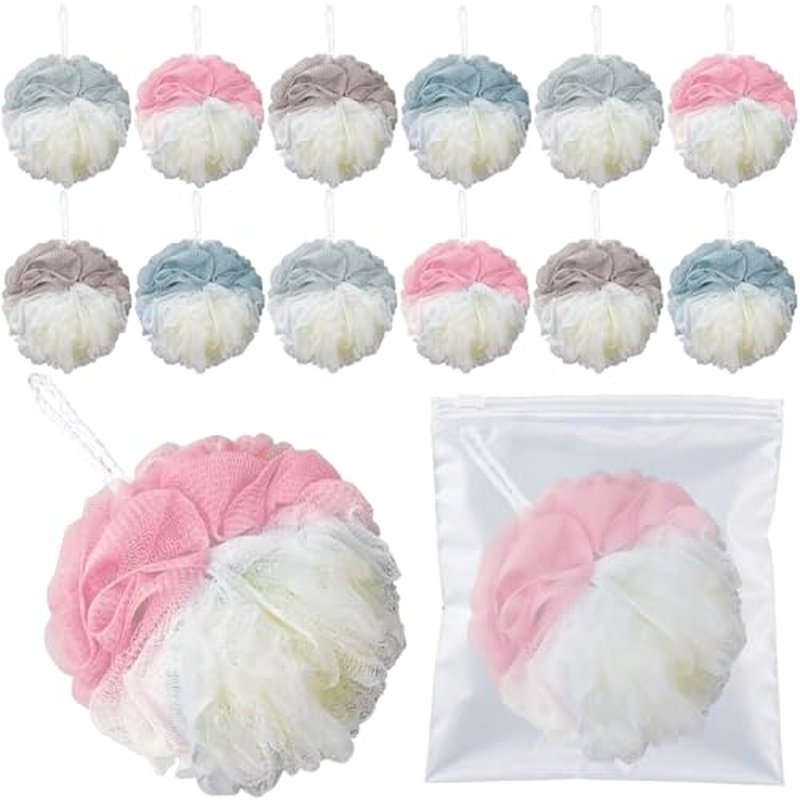 12 Pack Travel Size Loofah Individually Wrapped, 30 g Shower Puffs for Body, Mini Bath Sponge Bulk, Multicolor
