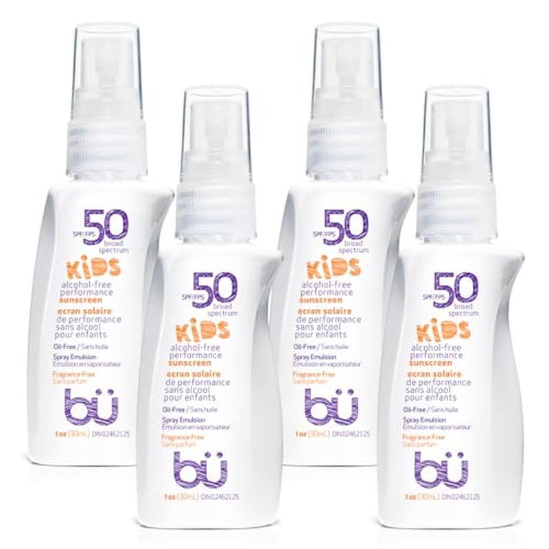 BU SPF 50 Fragrance Free Kids Sunscreen Spray for Face and Body, TSA Travel Size Sunscreen, Clear Non Aeorsol Spray, Non Greasy, Water Resistant and Oil Free, 1 oz (4-pack)