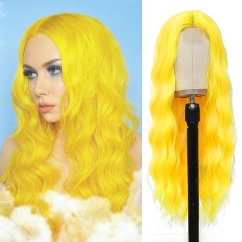 Yellow Wig Long Wavy Wig for Women 26in Middle Part Neon Yellow (Variation: Yellow) - YBYMCAI