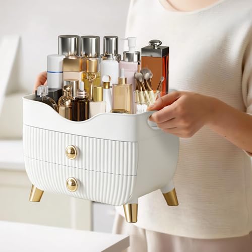 Makeup Organizer Countertop, Large Capacity Skincare Cosmetic Organizer for Vanity with 2 Drawers, Cosmetic Display Cases Makeup Storage Box for Bedroom, Bathroom, Ideal Gifts for Women(White)