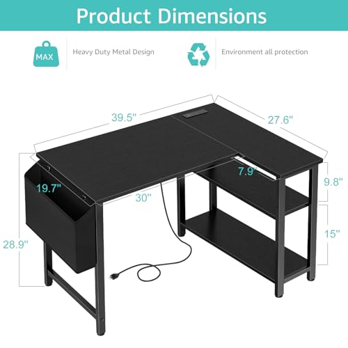 Black 39.4-Inch L Shaped Computer Desk with Power Outlet & Shelves - Small Home Office Corner Desk