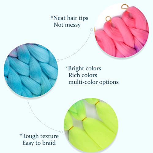 Rainbow Braiding Hair Extensions 24in, Pre-Stretched Synthetic Multicolor 6 Packs - Rouge Pink-Purple-Blue-Green
