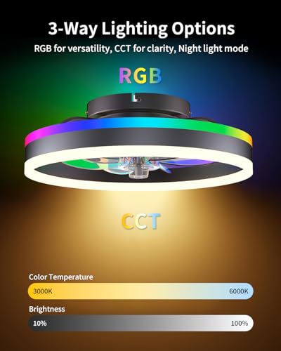 JHSYCH RGB Black 16-Inch Low Profile Ceiling Fan with Lights & Remote