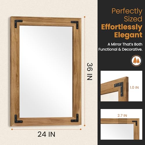 TRAHOME Rustic Brown Wood Framed Bathroom Vanity Mirror 24x36 with Black Metal Mount