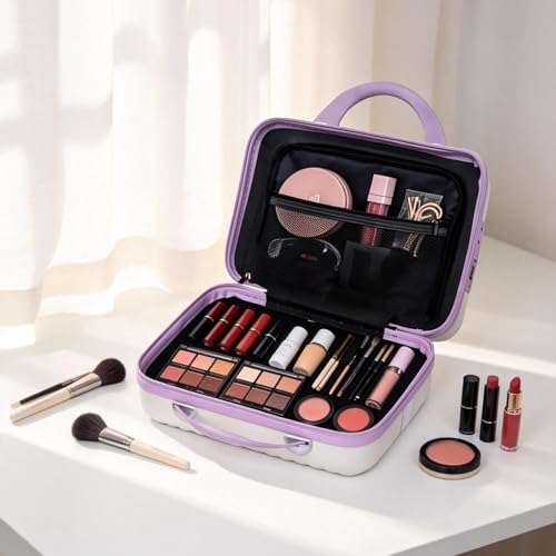 Beige & Purple 14-Inch ABS Hard Shell Makeup Train Case with Lock, Organizer