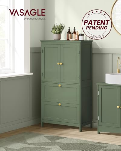 VASAGLE Bathroom Floor Cabinet with 2 Doors & 2 Drawers - Forest Green, Adjustable Shelves