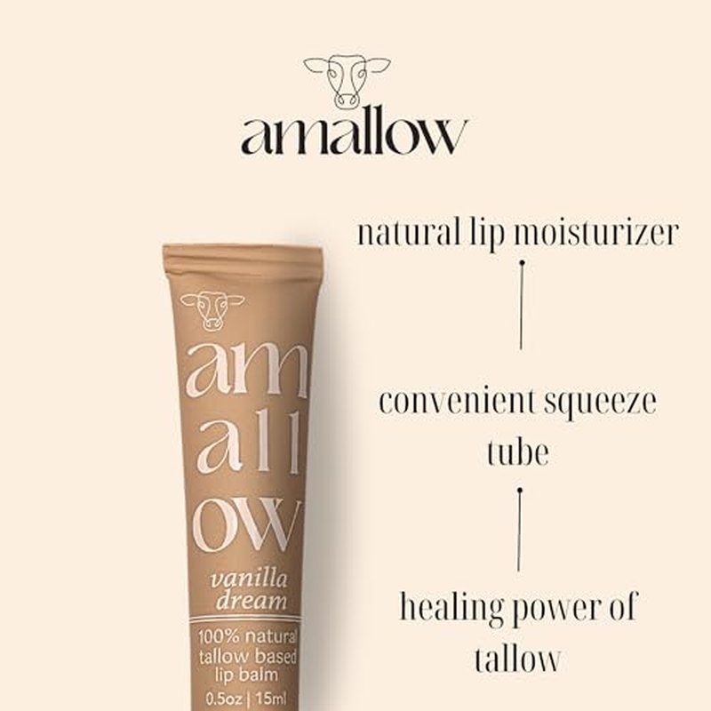Amallow 100% Grass Fed Beef Tallow Skincare & Lip Balm Set - Whipped Moisturizer for Face & Body (Unscented) + All Natural Tallow Lip Balm (Vanilla Dream)