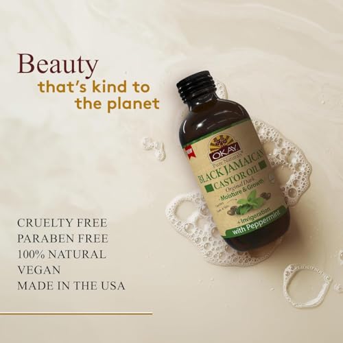 Okay Pure Naturals Black Jamaican Castor Oil - Castor Oil for Hair Growth, Moisture for Skin, Face, Scalp, Eyelashes, Eyebrows - Hair Oil for Men & Women - Peppermint, 4 oz Glass Bottle