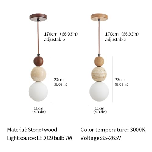 Natural Stone & Frosted Glass Spherical Pendant Light - Walnut Color, Indoor Hanging Lamp for Kitchen & Dining