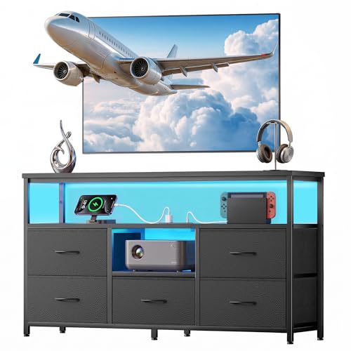 47-Inch Dresser TV Stand with LED Lights & Charging Station, 5 Drawers, Open Shelves - Black, 11.8"D x 47.2"W x 26.1"H