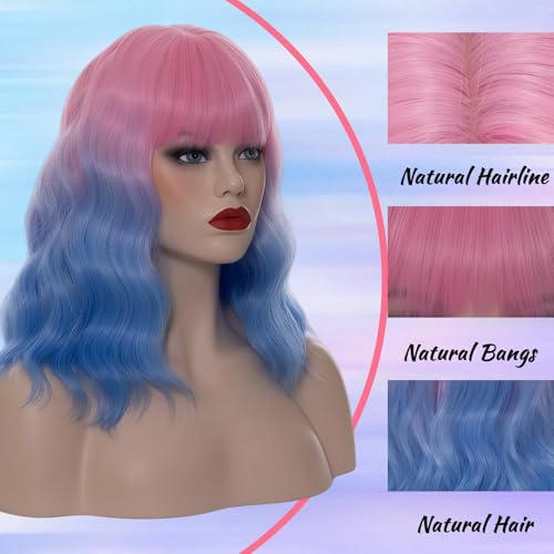 Pink Ombre Blue Short Wavy Curly Wig 14 Inch Cosplay Halloween Party Hair - Variation of Pink Ombre Blue