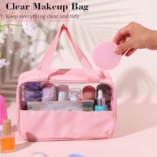 8 Pcs Clear Cosmetic Bags with Zipper, Clear Toiletry Bag, Transparent Makeup Bag for Women Men, Waterproof Travel Organizer with Handle, 10.2 x 6.3 x 2.8 Inches (Pink)