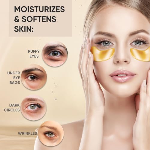 100 Pairs Gold Under Eye Patches for Dark Circles & Wrinkles - 24K Gold Eye Mask, Bukamkom, Pack of 100