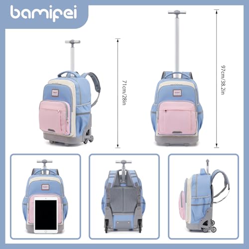 Kids 18-Inch Rolling Backpack Set with Lunch Bag & Rain Cover - Blue Pink - Effortless Stair-Climbing