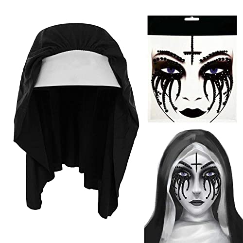 Saturey Halloween Nun Costume Accessories Set, with Nun Temporary Rhinestone Temporary Face Tattoo for Halloween Festival Rave Party Outfit for Halloween Cosplay Party, black, M