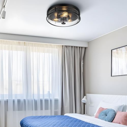Black 16 Inch Large Flush Mount Ceiling Light Fixture with Seeded Glass - Farmhouse Indoor Outdoor Lamp - Rosient ROS88