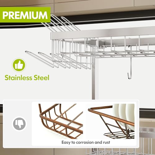 Over Sink Dish Drying Rack with Cup and Utensil Holder - Silver, 2 Tier, Adjustable Length