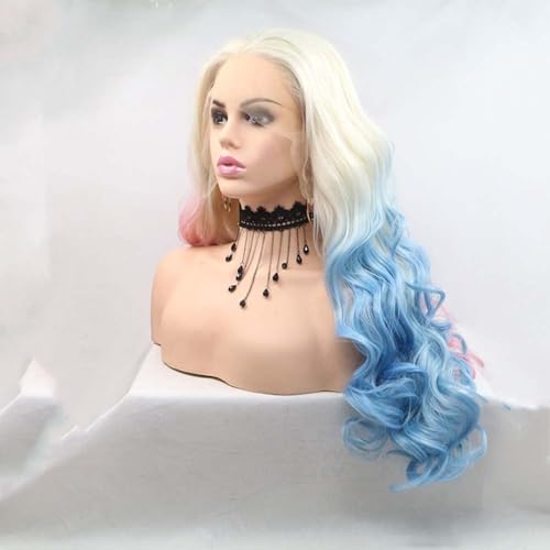 Xiweiya 24in Long Wavy Lace Front Wig for Women - Platinum Blue Pink Ombre Synthetic Hair, Heat Resistant, Cosplay Halloween