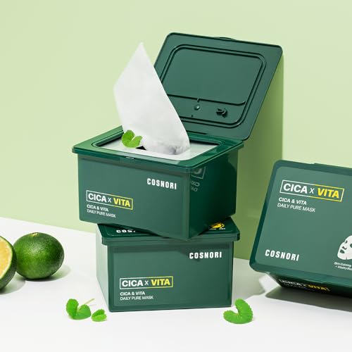 COSNORI Cica & Vitamin Daily Face Mask Pack - 30 Sheets, Vegan, Hydrating Korean Skin Care