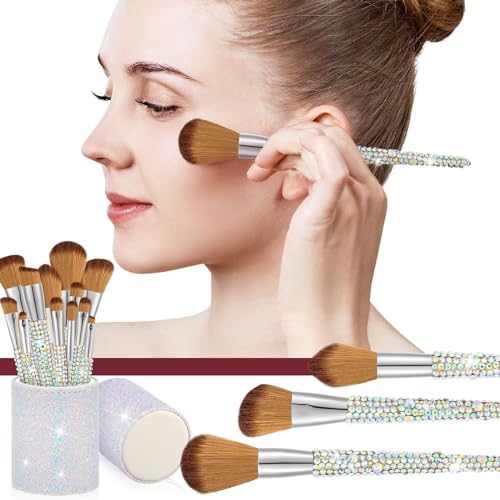 Silver & Yellow Rhinestone Makeup Brush Set - 13 Pcs Professional Cosmetic Tools