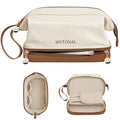Travel Makeup Bag, Large Capacity Double Layer Cosmetic Bags for Women, Waterproof Portable Make Up Skincare Pouch with Makeup Brush Organizer, Toiletry Bag for Essentials, Beige & Brown