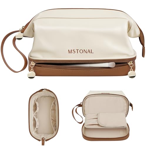 Travel Makeup Bag, Large Capacity Double Layer Cosmetic Bags for Women, Waterproof Portable Make Up Skincare Pouch with Makeup Brush Organizer, Toiletry Bag for Essentials, Beige & Brown