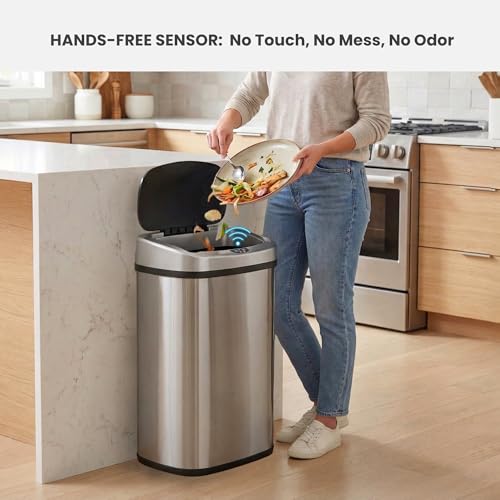 iTouchless 13 Gallon Brushed Silver Sensor Trash Can with Odor Filter
