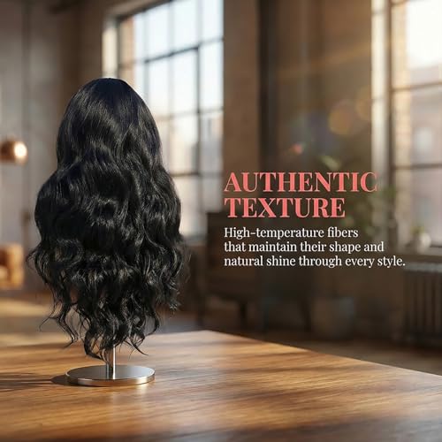 Black Body Wave Wig for Women - 26 Inch Long Synthetic Wig with Bangs - Natural Look - Variation: Black