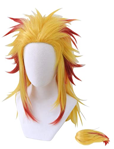 Rengoku Shinjurou Cosplay Wig with Ponytail - Yellow Red, Heat-Resistant for Halloween & Costume