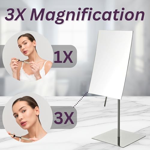 JERDON Rectangular Tabletop Makeup Mirror - 3X Magnification with Polished Stainless Steel Finish - 5-inch by 8-inch Vanity Mirror ? Pivot Adjustment - Model JP358C